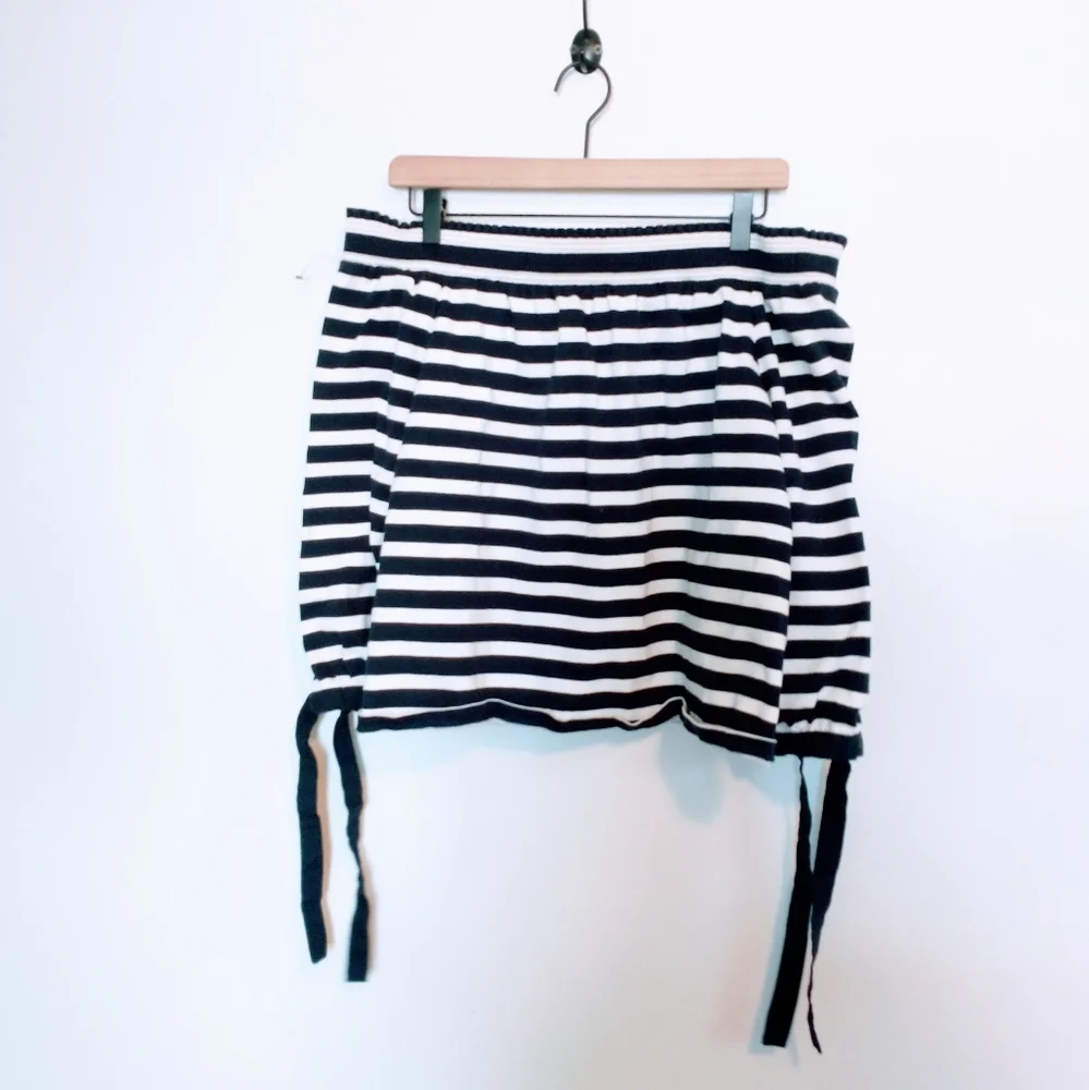 JCrew Navy and cream striped off the shoulder top with ties at the cuff and wide